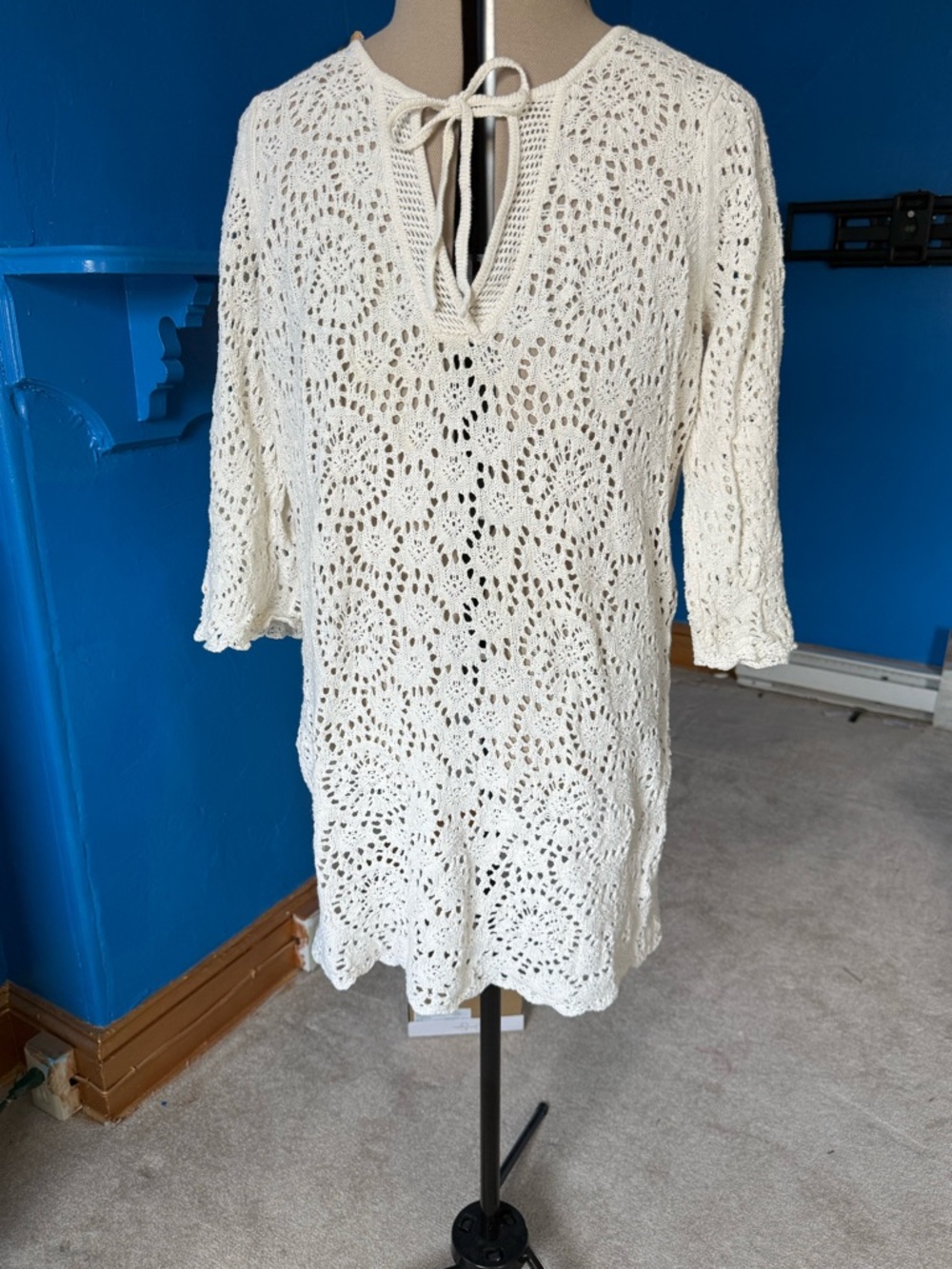 A.N.A Ivory Crochet Swim Cover Up Tunic Size XL Boho Beach